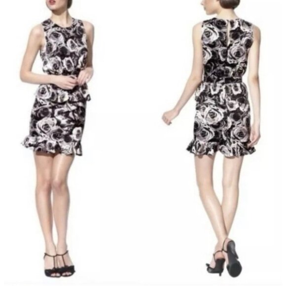 Kate Young Dress 16 Black Ivory Gray Floral Peplum Sheath Washable Faux Silk - Picture 1 of 11